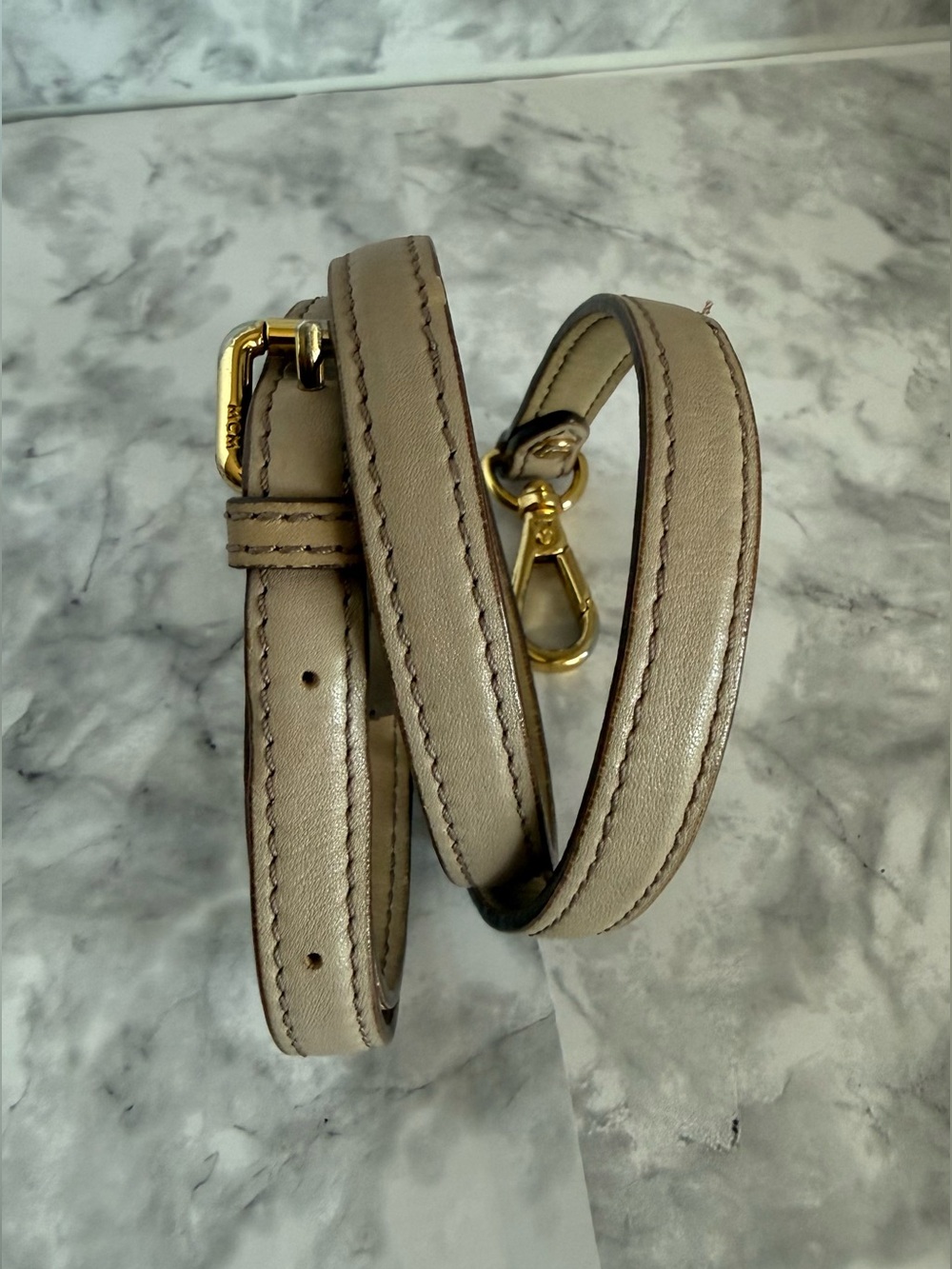 MCMNeutral Leather Crossbody Strap with Gold Hardware